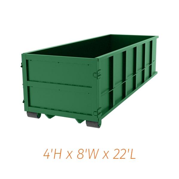 the twenty-yard dumpsters have the capacity to hold up to 20 cubic yards of material with a weight limit of 3 to 4 tons